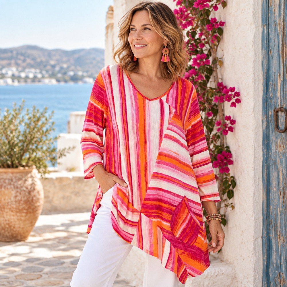 Parsley & Sage Womens Artsy Asymmetrical Tunic Top Pink Orange Stripe Boho